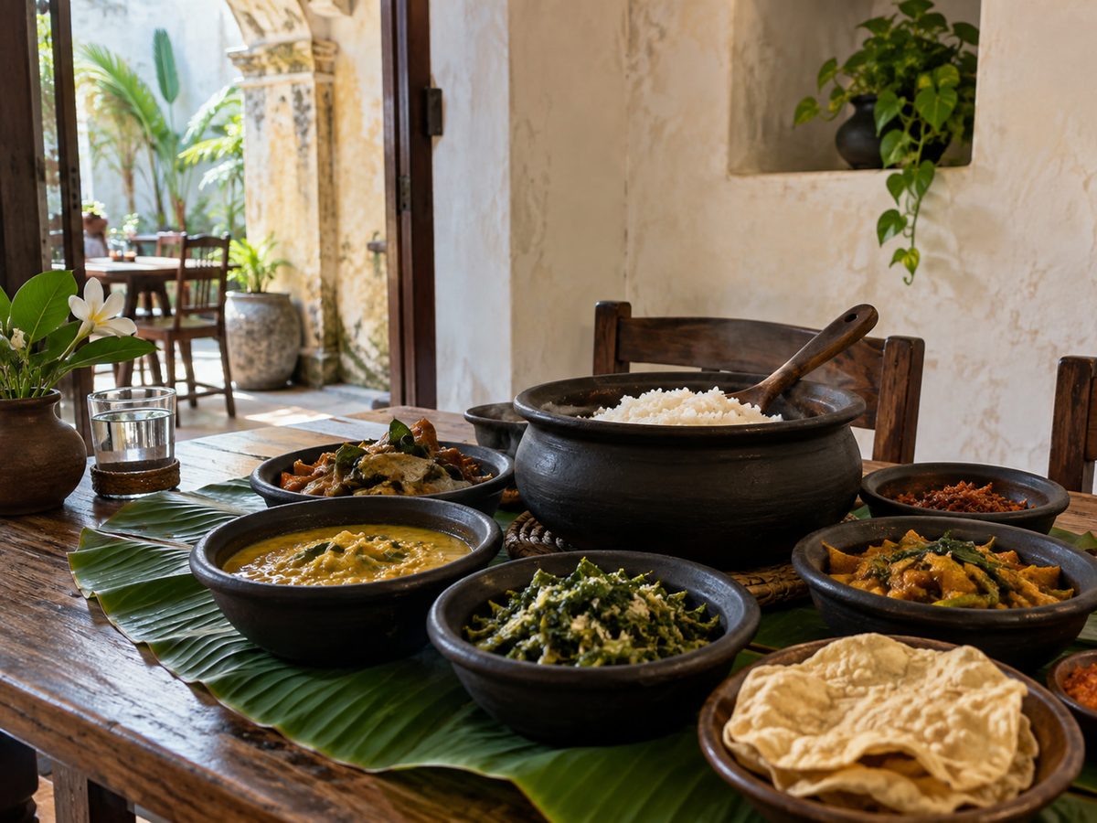 Clay pots of rice and curry on a banana leaf, lime-wash Galle Fort wall behind