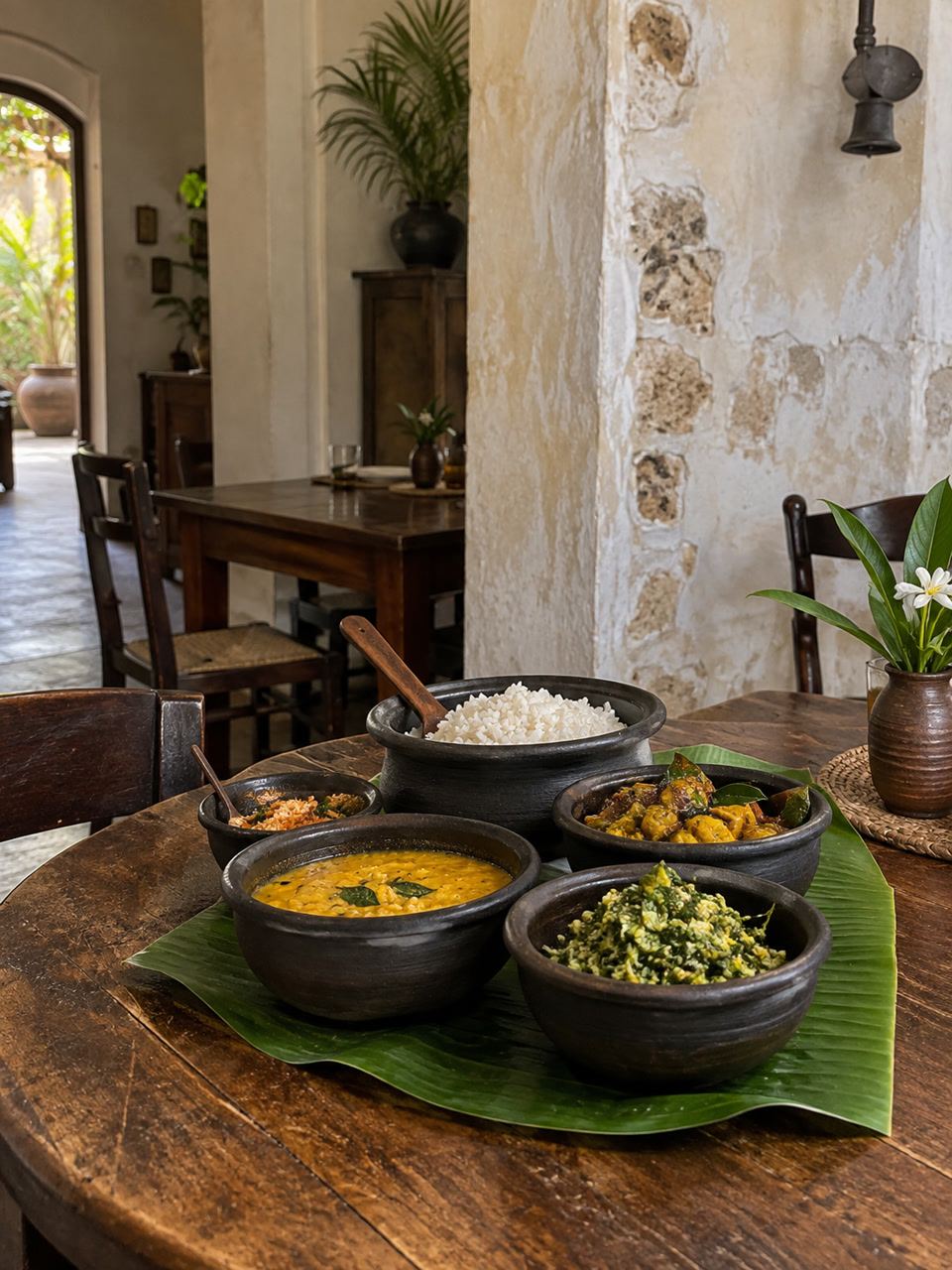 Clay pots of rice and curry on a banana leaf against a lime-wash Galle Fort wall