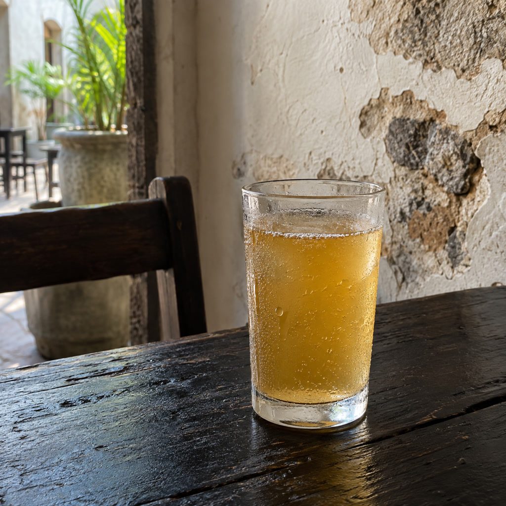 Glass of homemade ginger beer with condensation, coral-stone wall behind