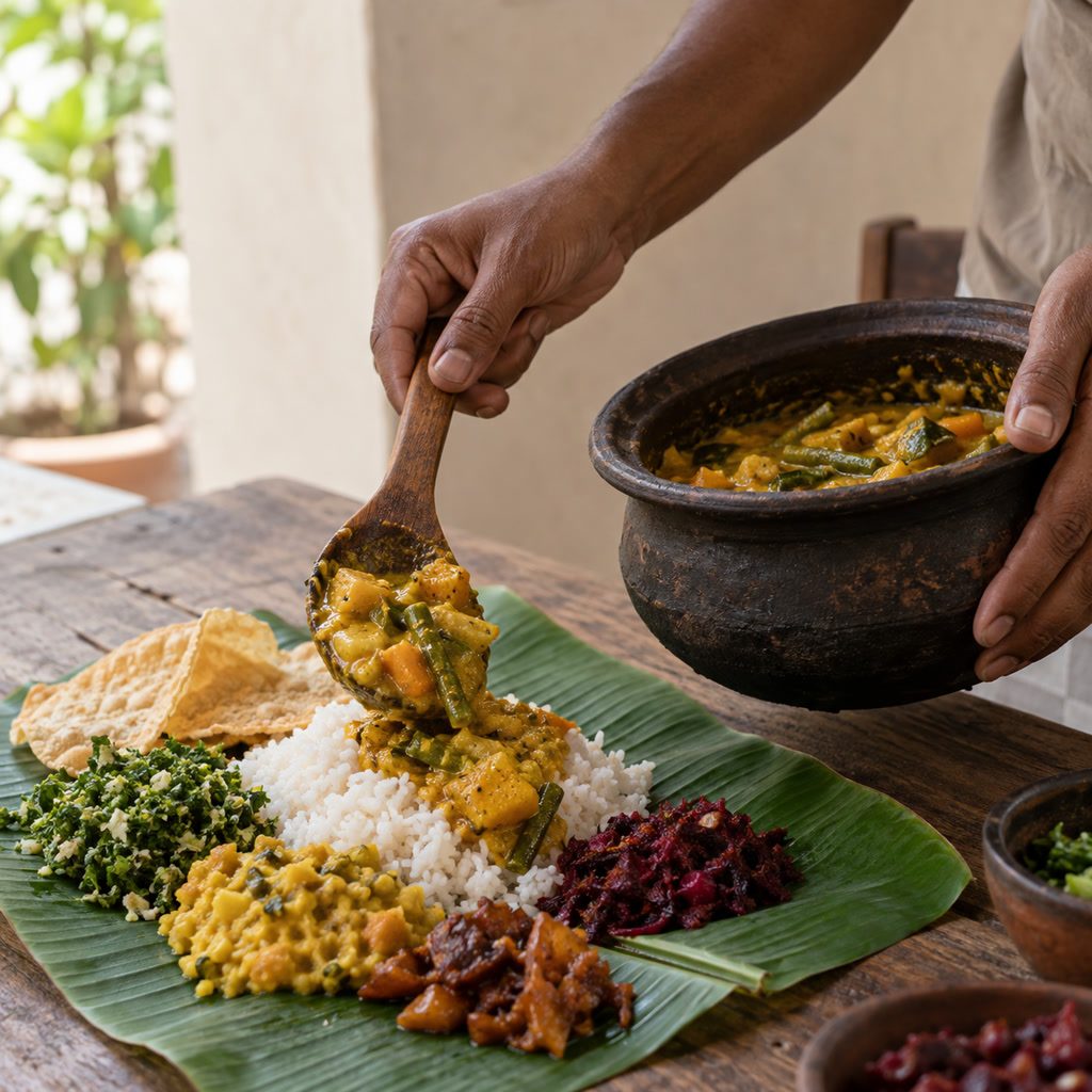 Hands serving curry from a clay pot onto a banana leaf, no faces