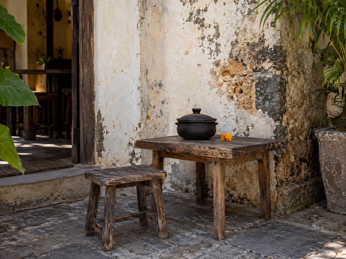 Outdoor stool and a low table against a Fort wall, clay pot on the table