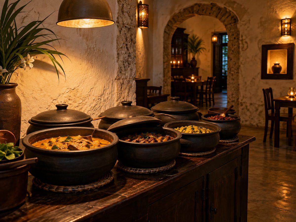 Evening interior: clay pots on a counter, warm tungsten, no menus